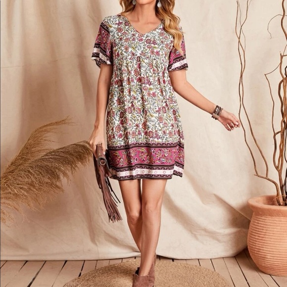 Boho floral print V neck smock dress - Picture 5 of 5